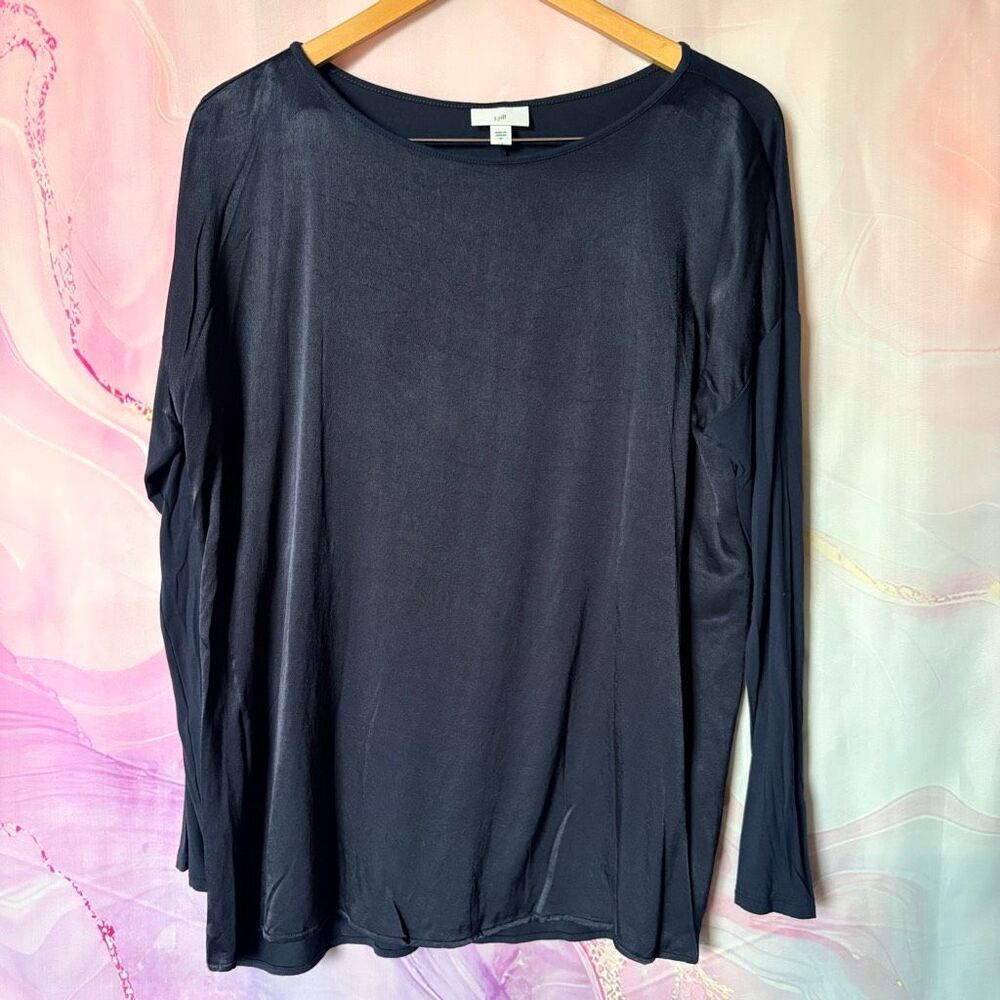 J. Jill M Navy Blue Long Sleeve Blouse Shiny Top Boardwalk Minimalist Preppy